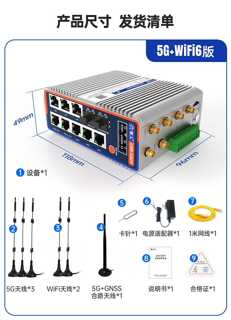 千兆边缘路由器USR-G809s：产品尺寸 发货清单
